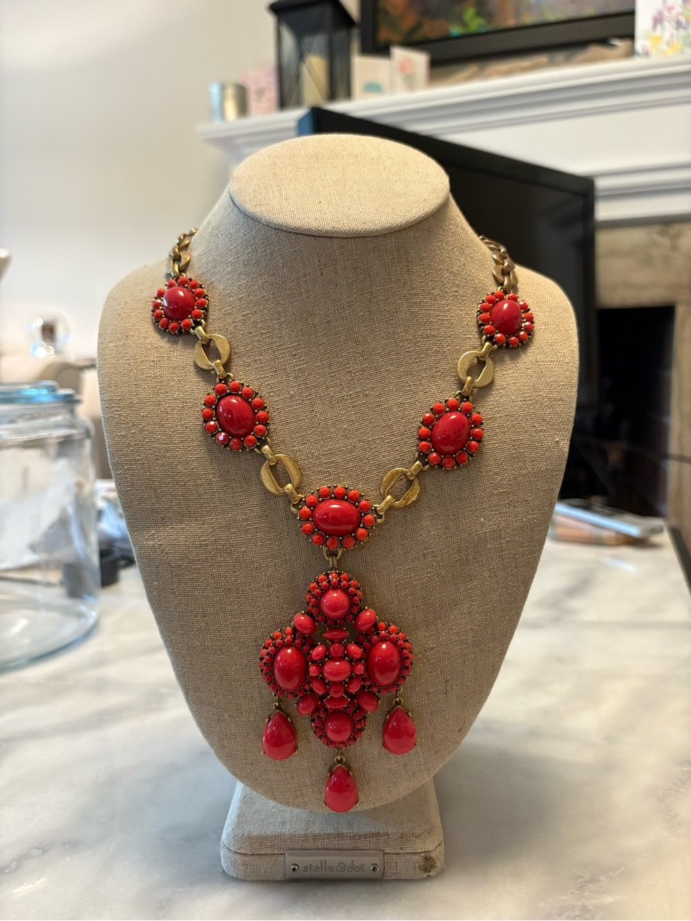 Stella & Dot Red Beaded Statement Necklace in Antique Gold Tone
